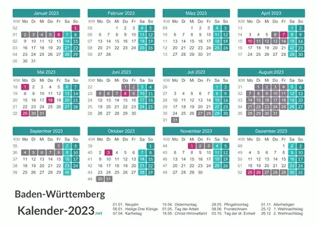 Kalender mit Ferien Baden-Württemberg 2023 Vorschau