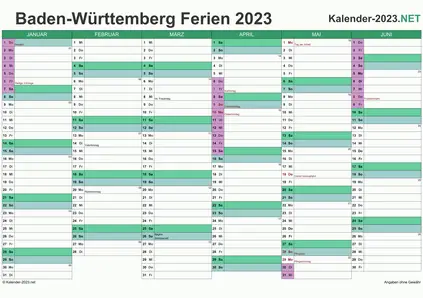Halbjahreskalender mit Ferien Baden-Württemberg 2023 Vorschau