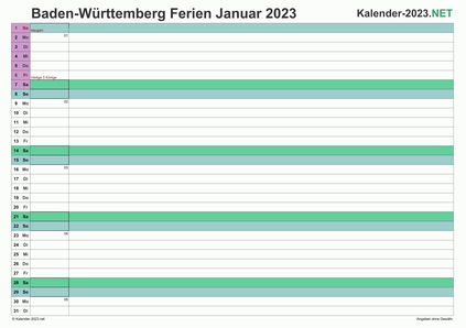 Monatskalender 2023 zum Ausdrucken zum Ausdrucken - mit FerienBaden-Württemberg Vorschau