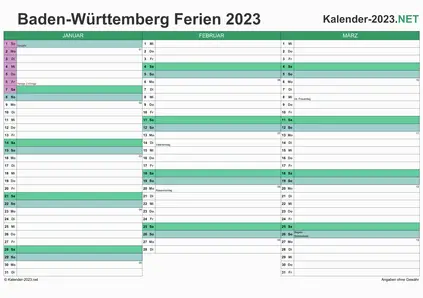 Vorschau EXCEL-Quartalskalender 2023 mit den Ferien Baden-Württemberg