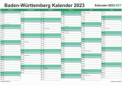 Vorschau Halbjahreskalender 2023 für EXCEL Baden-Württemberg