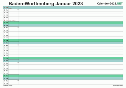 Vorschau Monatskalender 2023 für EXCEL Baden-Württemberg