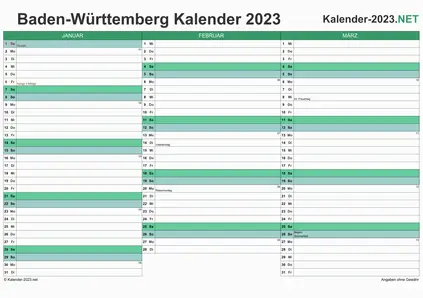 Vorschau Quartalskalender 2023 für EXCEL Baden-Württemberg