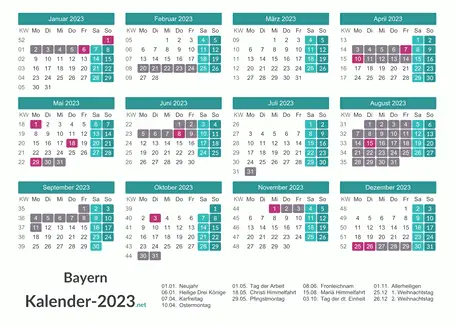 Kalender mit Ferien Bayern 2023 Vorschau
