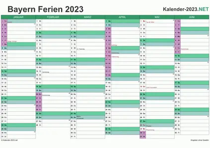Halbjahreskalender mit Ferien Bayern 2023 Vorschau