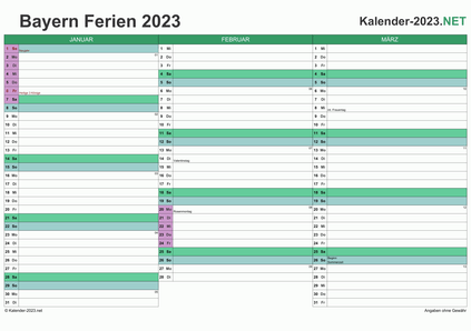 Vorschau EXCEL-Quartalskalender 2023 mit den Ferien Bayern