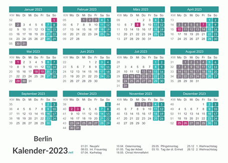 Kalender mit Ferien Berlin 2023 Vorschau