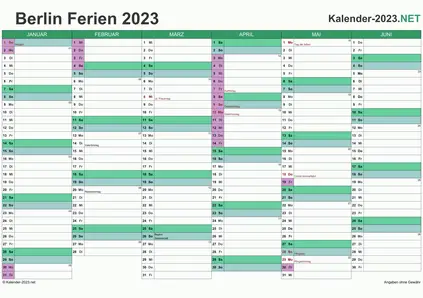 Vorschau EXCEL-Halbjahreskalender 2023 mit den Ferien Berlin