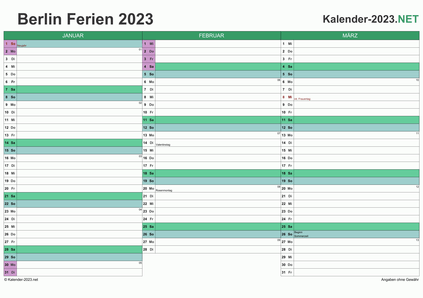 Vorschau EXCEL-Quartalskalender 2023 mit den Ferien Berlin