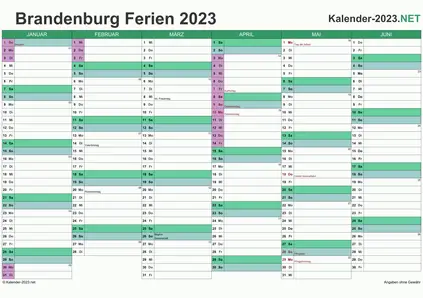 Vorschau EXCEL-Halbjahreskalender 2023 mit den Ferien Brandenburg