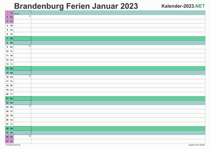 Vorschau EXCEL-Monatskalender 2023 mit den Ferien Brandenburg