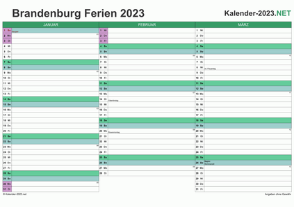 Vorschau EXCEL-Quartalskalender 2023 mit den Ferien Brandenburg