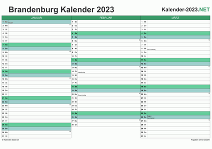 Vorschau Quartalskalender 2023 für EXCEL Brandenburg
