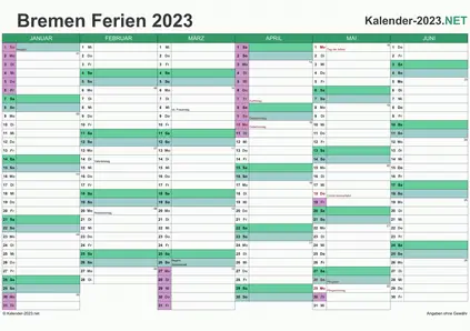 Vorschau EXCEL-Halbjahreskalender 2023 mit den Ferien Bremen