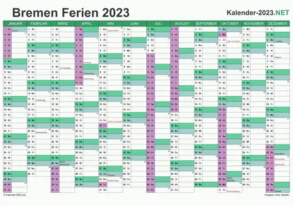 Vorschau EXCEL-Kalender 2023 mit den Ferien Bremen