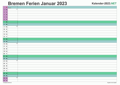 Vorschau EXCEL-Monatskalender 2023 mit den Ferien Bremen