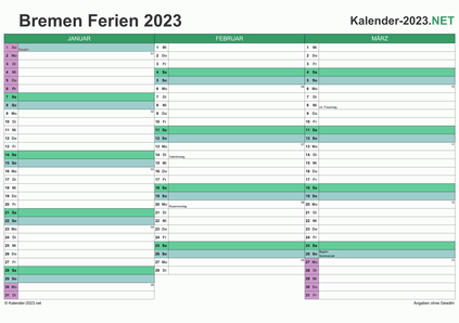 Vorschau EXCEL-Quartalskalender 2023 mit den Ferien Bremen