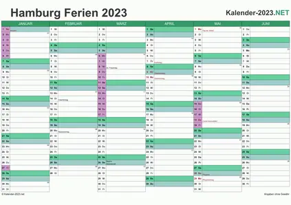 Vorschau EXCEL-Halbjahreskalender 2023 mit den Ferien Hamburg