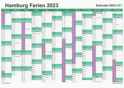 Vorschau EXCEL-Kalender 2023 mit den Ferien Hamburg