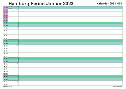 Monatskalender mit Ferien Hamburg 2023 Vorschau