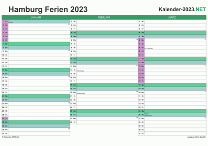 Quartalskalender mit Ferien Hamburg 2023 Vorschau