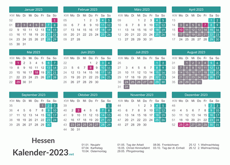Kalender mit Ferien Hessen 2023 Vorschau