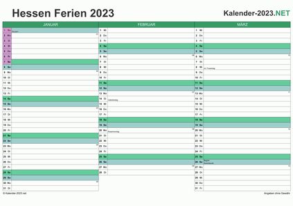 Vorschau EXCEL-Quartalskalender 2023 mit den Ferien Hessen