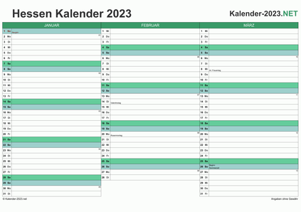 Vorschau Quartalskalender 2023 für EXCEL Hessen