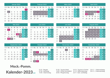 Kalender mit Ferien Meck-Pomm 2023 Vorschau
