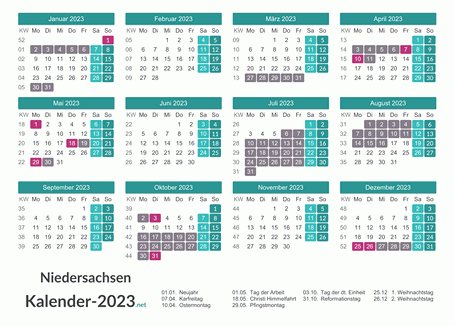 Kalender mit Ferien Niedersachsen 2023 Vorschau