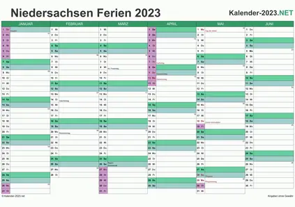 Halbjahreskalender mit Ferien Niedersachsen 2023 Vorschau