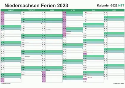 Halbjahreskalender 2023 zum Ausdrucken zum Ausdrucken - mit FerienNiedersachsen Vorschau