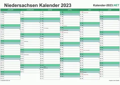Vorschau Halbjahreskalender 2023 für EXCEL Niedersachsen