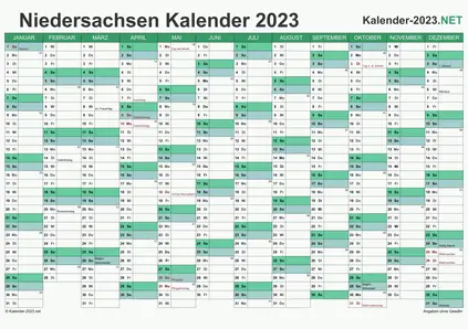 Vorschau Kalender 2023 für EXCEL mit Feiertagen Niedersachsen