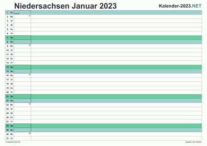 Vorschau Monatskalender 2023 für EXCEL Niedersachsen