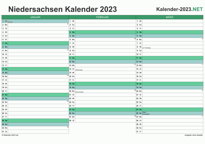 Vorschau Quartalskalender 2023 für EXCEL Niedersachsen