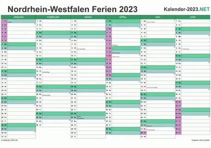 Vorschau EXCEL-Halbjahreskalender 2023 mit den Ferien Nordrhein-Westfalen