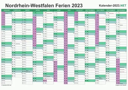 Vorschau EXCEL-Kalender 2023 mit den Ferien Nordrhein-Westfalen