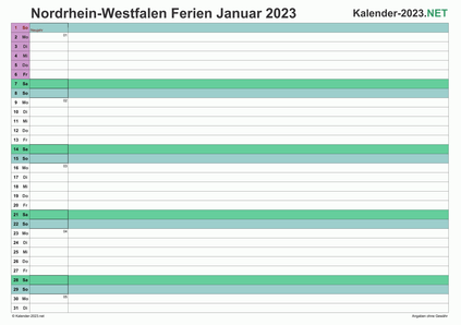 Monatskalender mit Ferien Nordrhein-Westfalen 2023 Vorschau