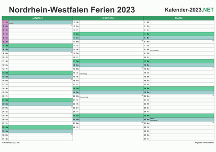 Vorschau EXCEL-Quartalskalender 2023 mit den Ferien Nordrhein-Westfalen