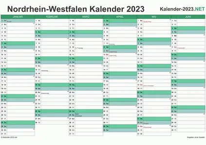 Vorschau Halbjahreskalender 2023 für EXCEL Nordrhein-Westfalen