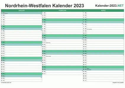Vorschau Quartalskalender 2023 für EXCEL Nordrhein-Westfalen