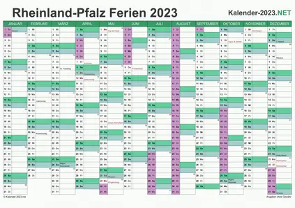Vorschau EXCEL-Kalender 2023 mit den Ferien Rheinland-Pfalz