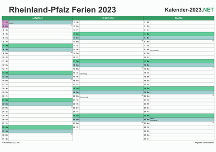 Vorschau EXCEL-Quartalskalender 2023 mit den Ferien Rheinland-Pfalz
