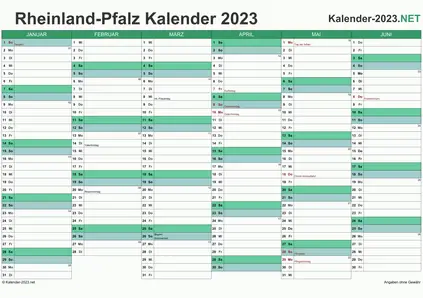 Vorschau Halbjahreskalender 2023 für EXCEL Rheinland-Pfalz