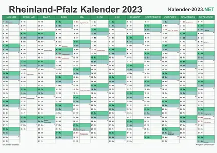 Vorschau Kalender 2023 für EXCEL mit Feiertagen Rheinland-Pfalz