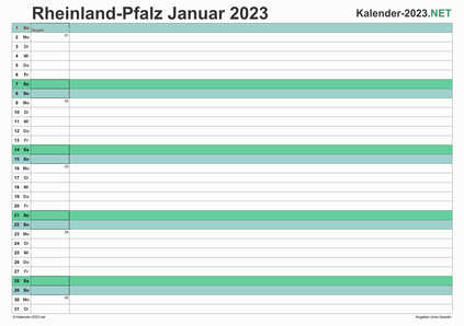 Vorschau Monatskalender 2023 für EXCEL Rheinland-Pfalz