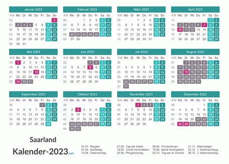 Kalender mit Ferien Saarland 2023 Vorschau