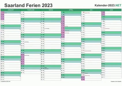 Halbjahreskalender mit Ferien Saarland 2023 Vorschau