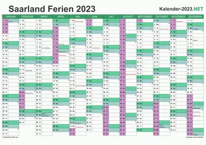 Vorschau EXCEL-Kalender 2023 mit den Ferien Saarland